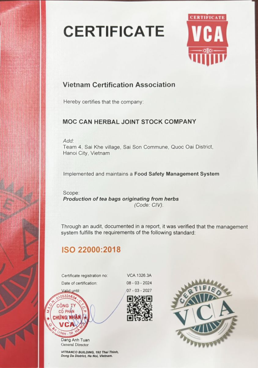NHÀ MÁY SẢN XUẤT TRÀ MỘC CAN ĐẠT CHỨNG NHẬN ISO 22000:2018 2